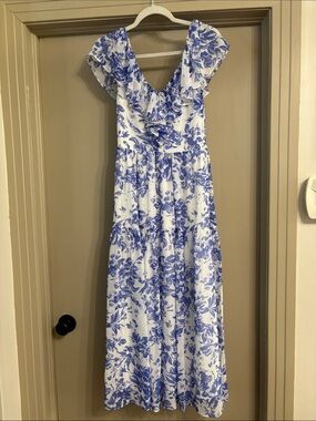 Lucy Paris White and Blue Floral Ruffle Maxi Dress